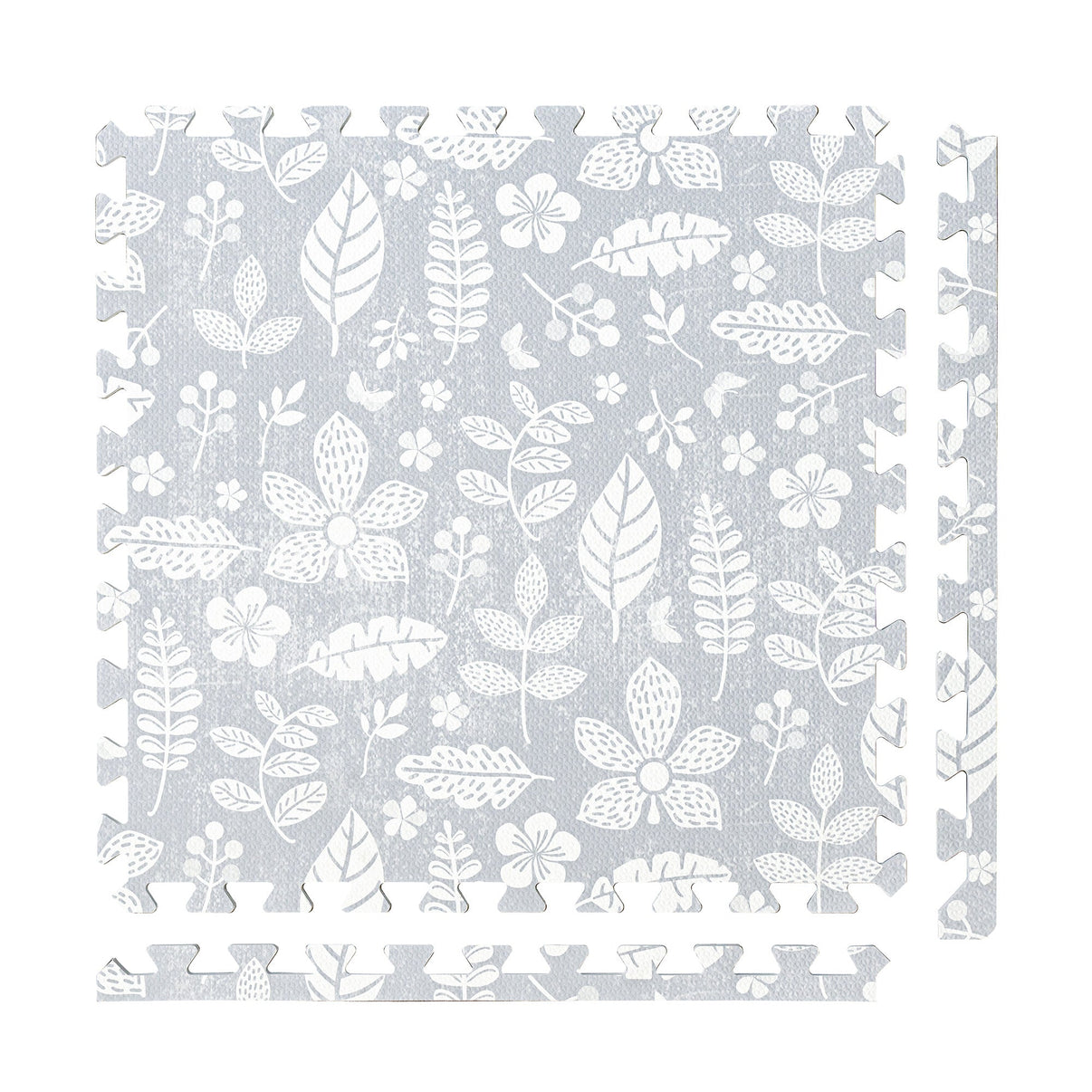 PopsyKosy Tranquil Flower Gray non-toxic EVA play mat - gray floral pattern interlocking tiles top view
