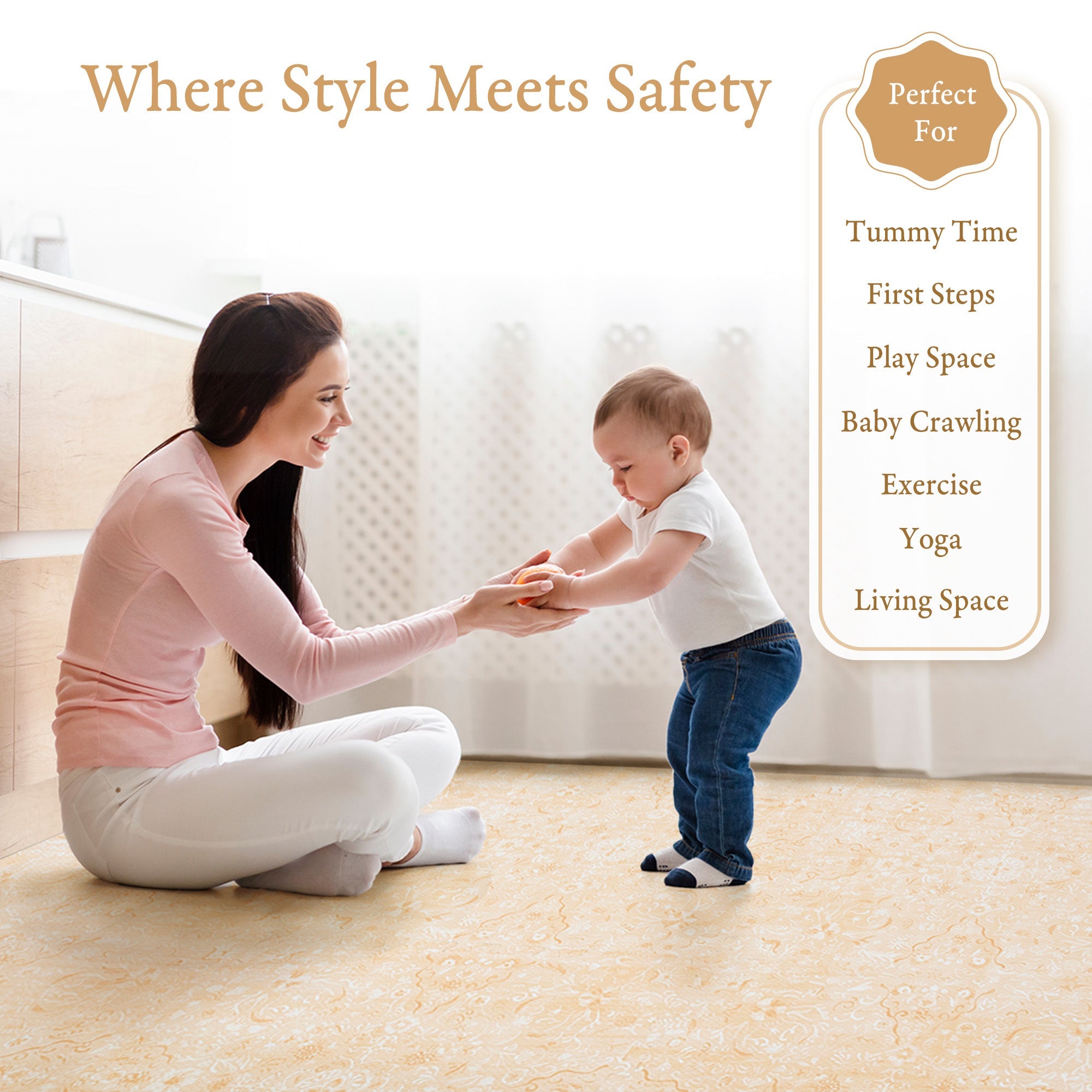 Baby playing on PopsyKosy Persian Garden Light Apricot EVA foam mat in modern living room
