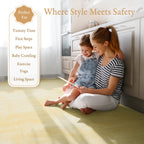 Baby playing on PopsyKosy Firework Champagne Yellow EVA foam mat in modern living room