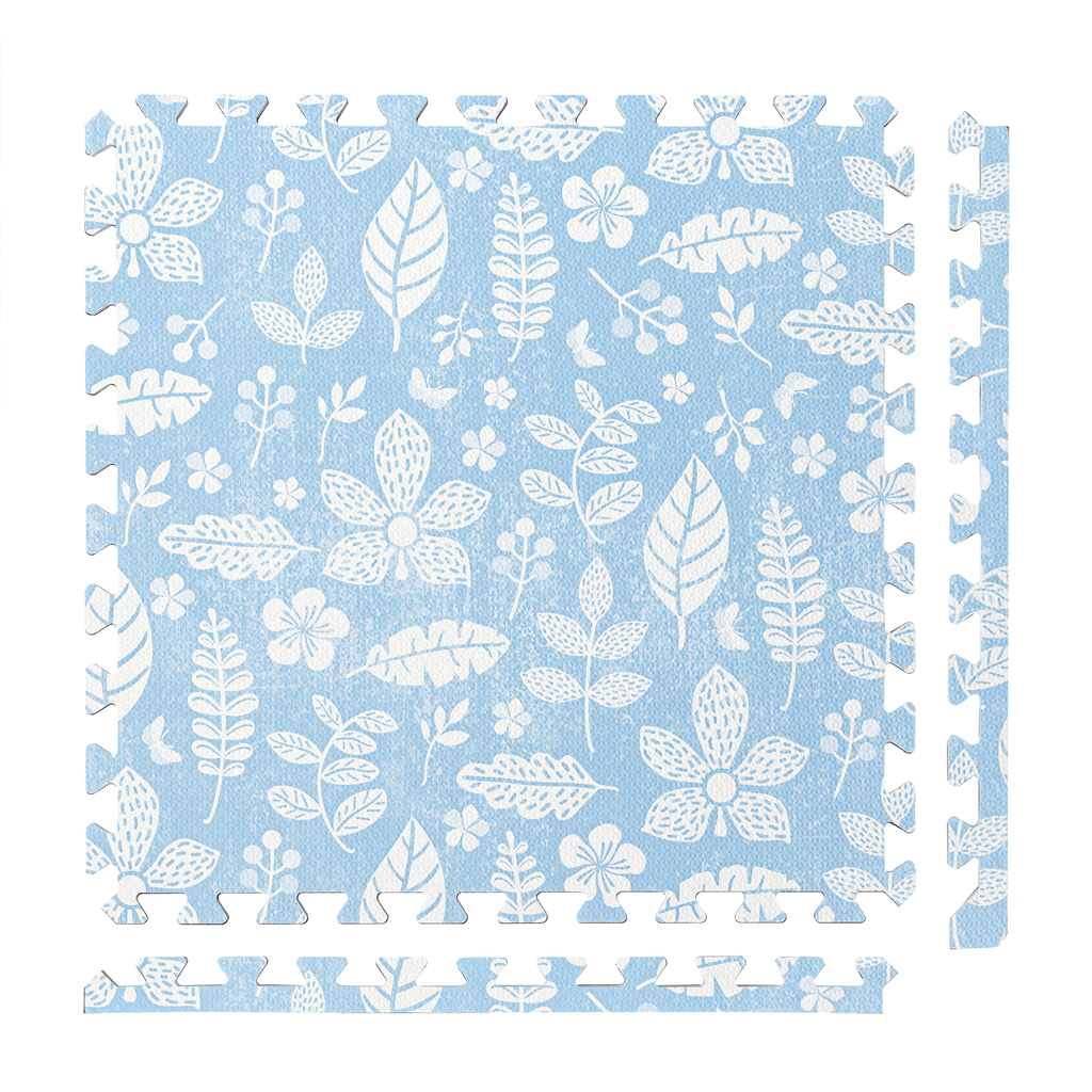 PopsyKosy Tranquil Flower Ocean Blue non-toxic EVA play mat - blue floral pattern interlocking tiles top view