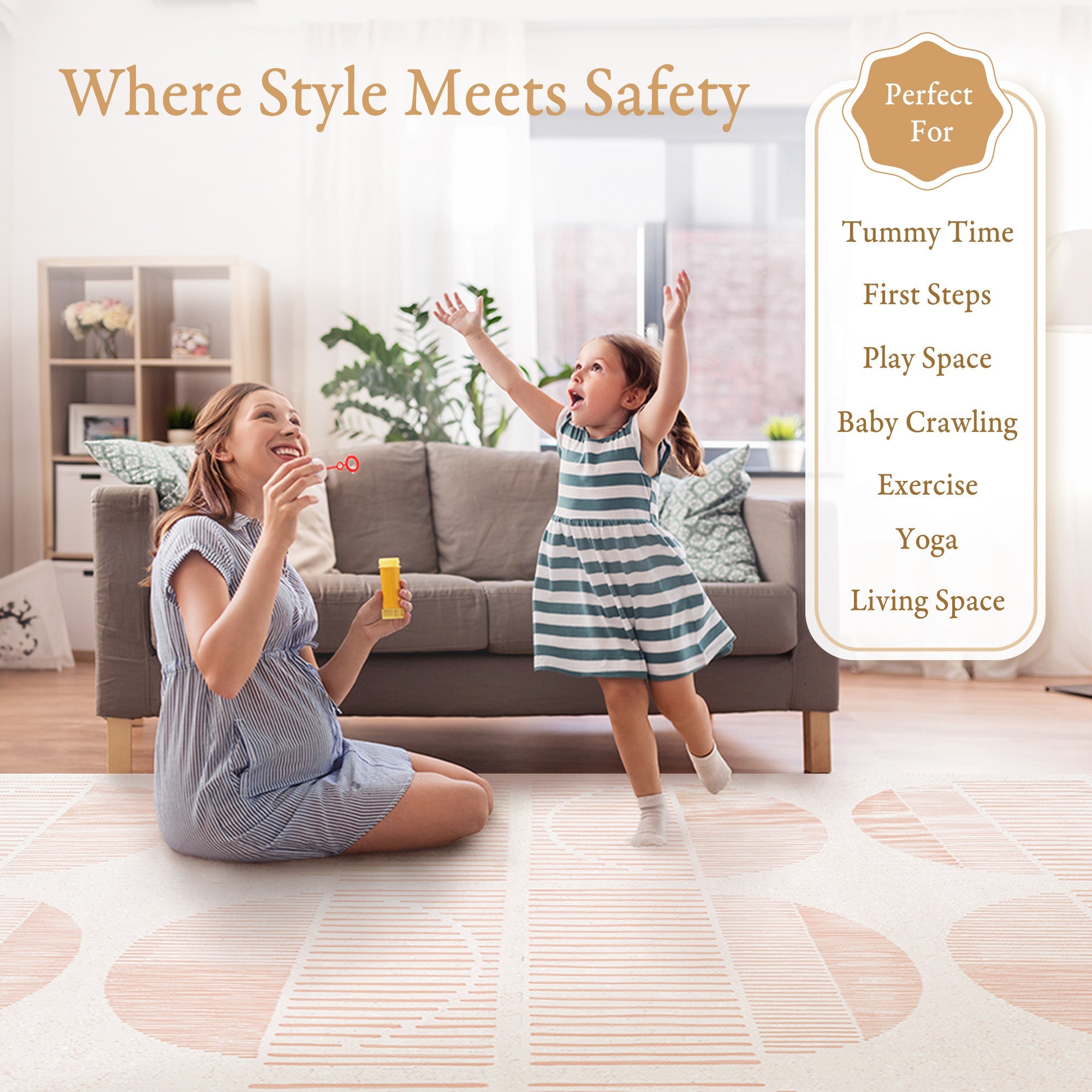 Baby playing on PopsyKosy Boho Cream Pink EVA foam mat in modern living room