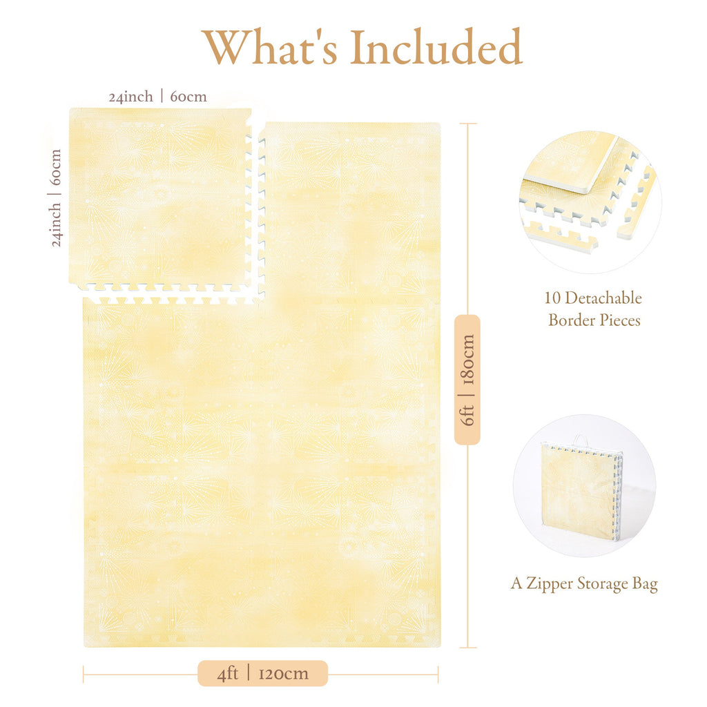 Toddler crawling on PopsyKosy Firework Champagne Yellow anti-slip foam play mat