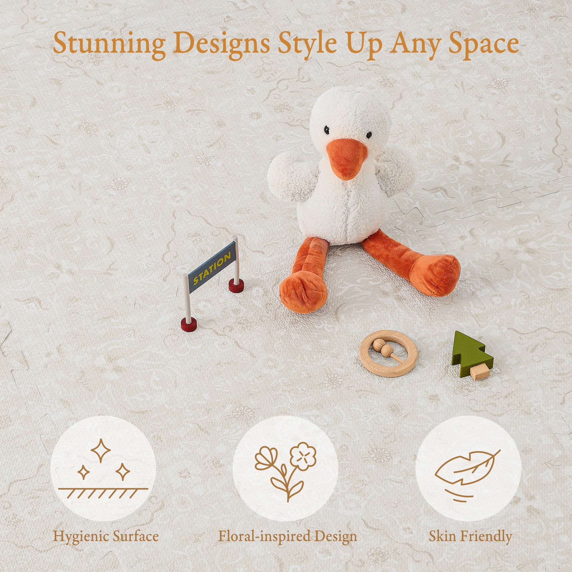 Toddler crawling on PopsyKosy Persian Garden Pearl Beige anti-slip foam play mat