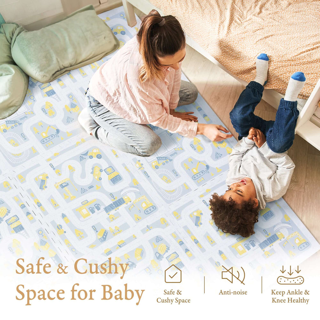Toddler crawling on PopsyKosy Little Builders Pastel Blue Gray anti-slip foam play mat