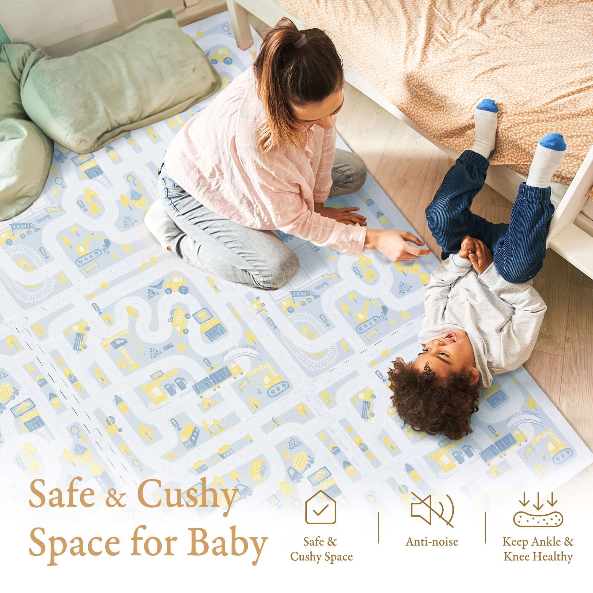 Toddler crawling on PopsyKosy Little Builders Pastel Blue Gray anti-slip foam play mat