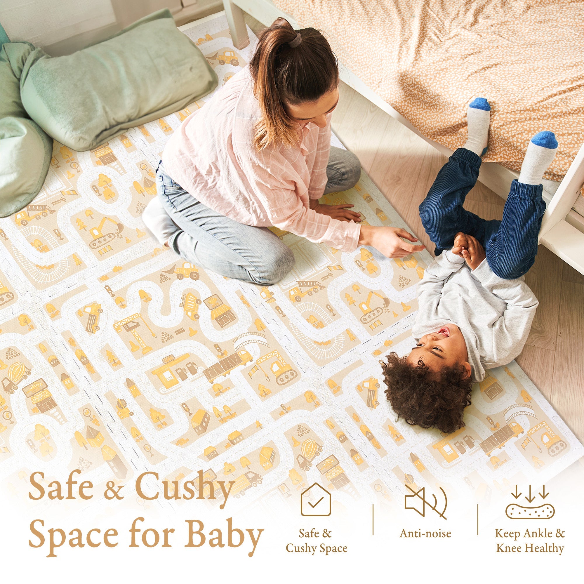 Toddler crawling on PopsyKosy Little Builders Warm Beige anti-slip foam play mat