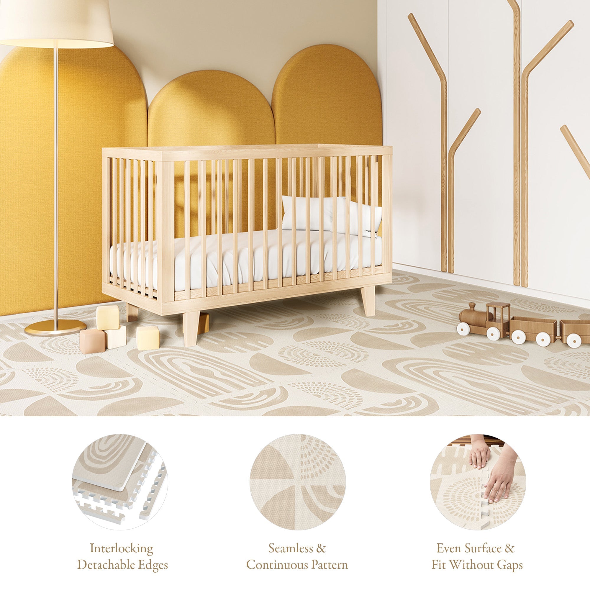 Toddler crawling on PopsyKosy Boulder Desert Sand anti-slip foam play mat