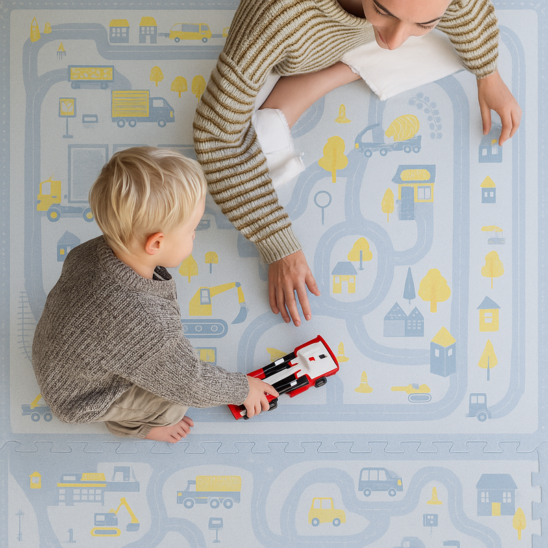 PopsyKosy Little Builders Pastel Blue Gray play mat dual-side reversible pattern display showing both faces