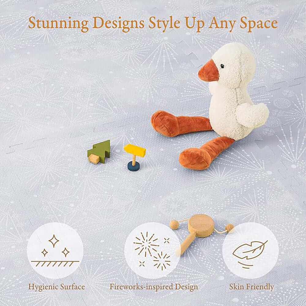Toddler crawling on PopsyKosy Firework Lavender Grey anti-slip foam play mat