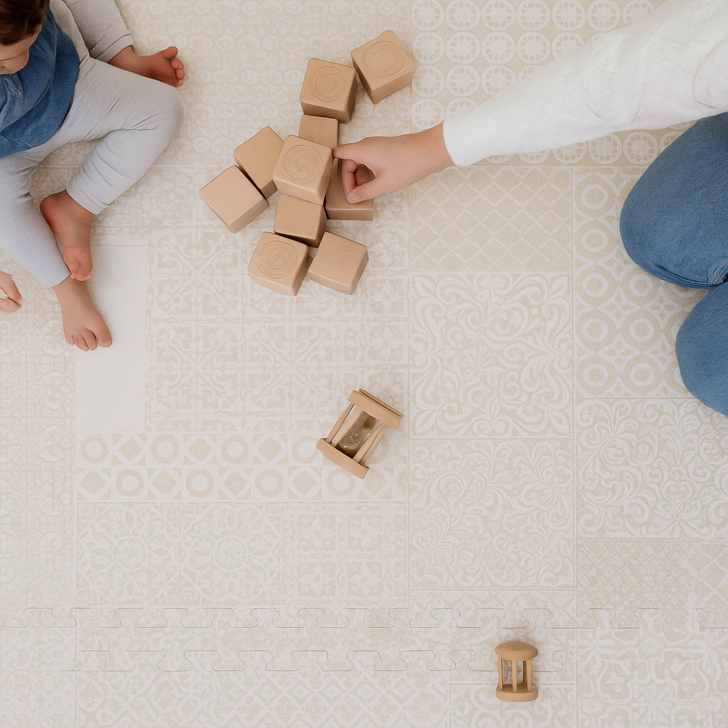 Baby playing on PopsyKosy Totem Beige EVA foam mat in modern living room