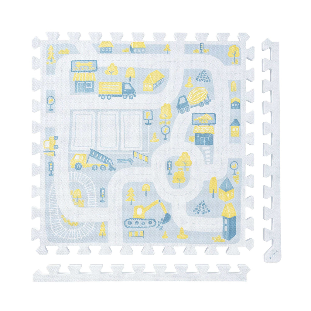 PopsyKosy Little Builders Pastel Blue Gray non-toxic EVA play mat building-block pattern interlocking tiles top view