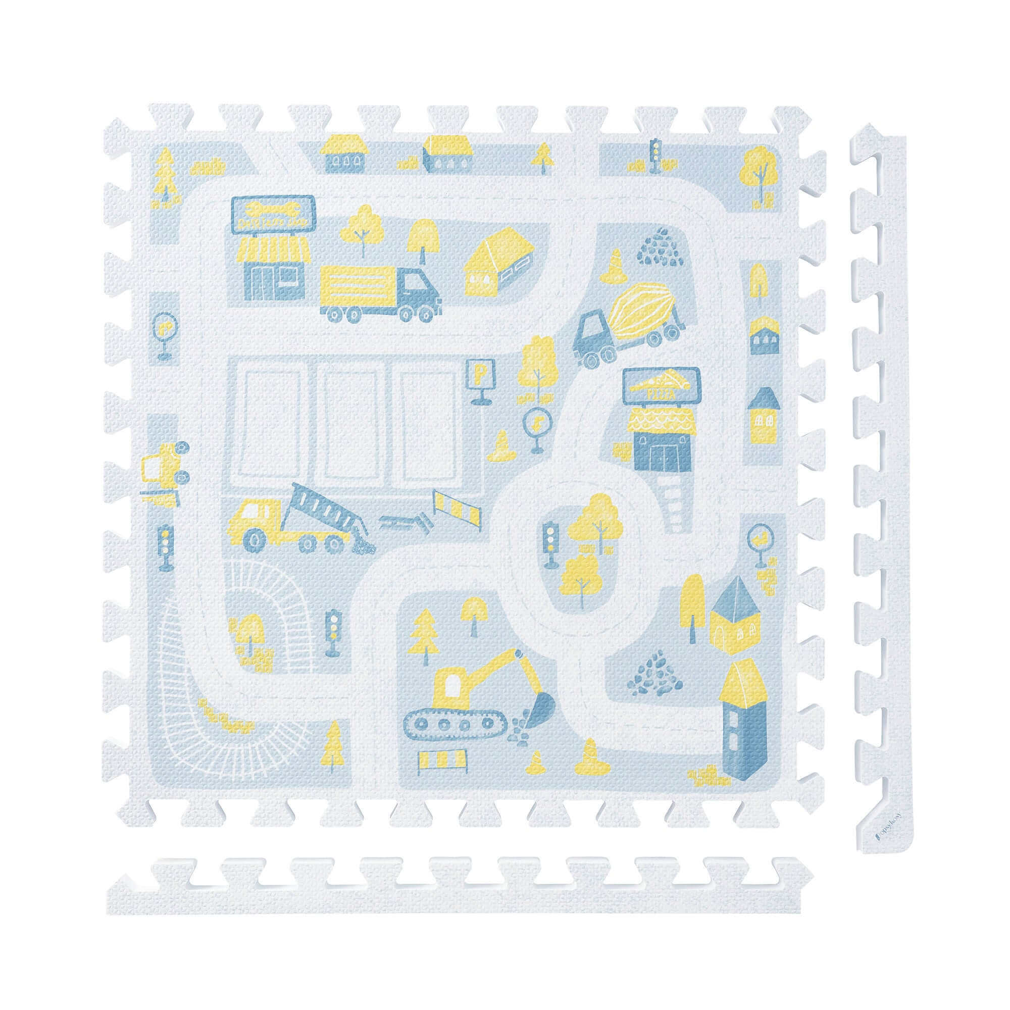 PopsyKosy Little Builders Pastel Blue Gray non-toxic EVA play mat building-block pattern interlocking tiles top view